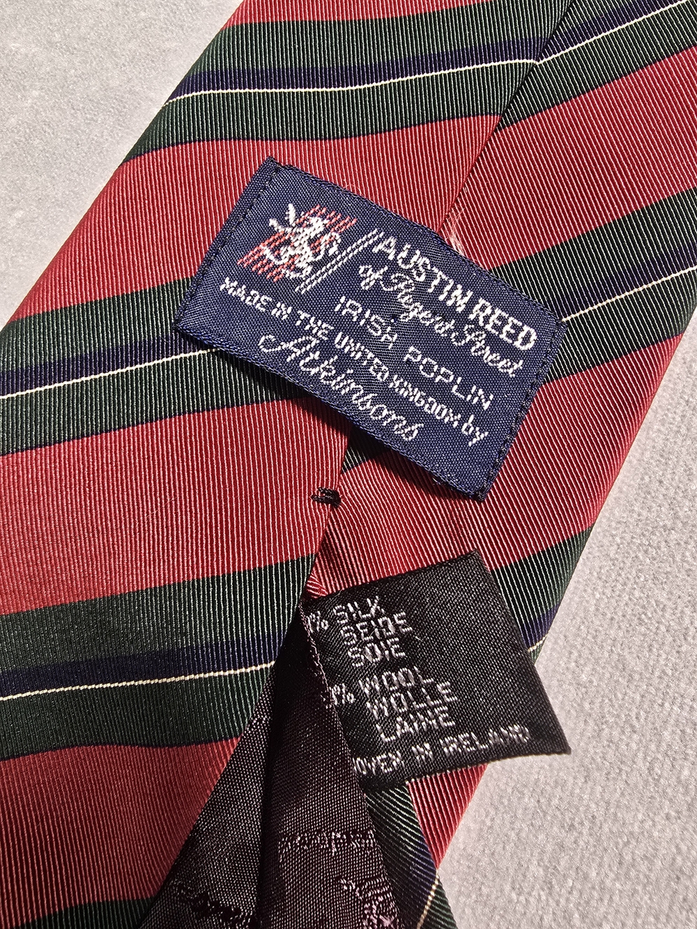 Vintage 80's Austin Reed Men's Red and Green Striped Silk/Wool Luxury Tie